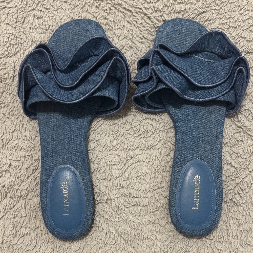Larroude Blue Ruffle Slide Sandals